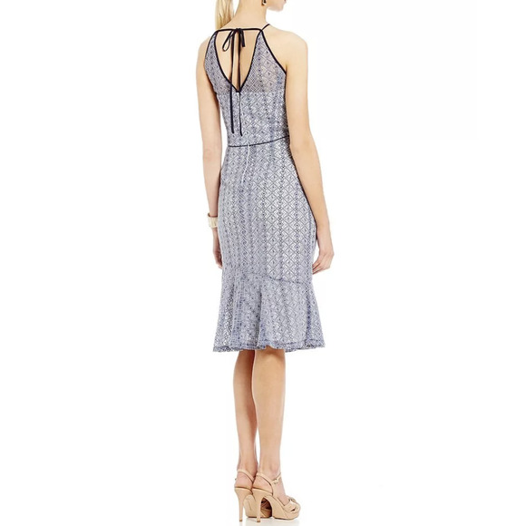 NWT Antonio Melani Blue Lace Illusion Halter Flounce Hem Sheath Dress Size 10 - Picture 3 of 8